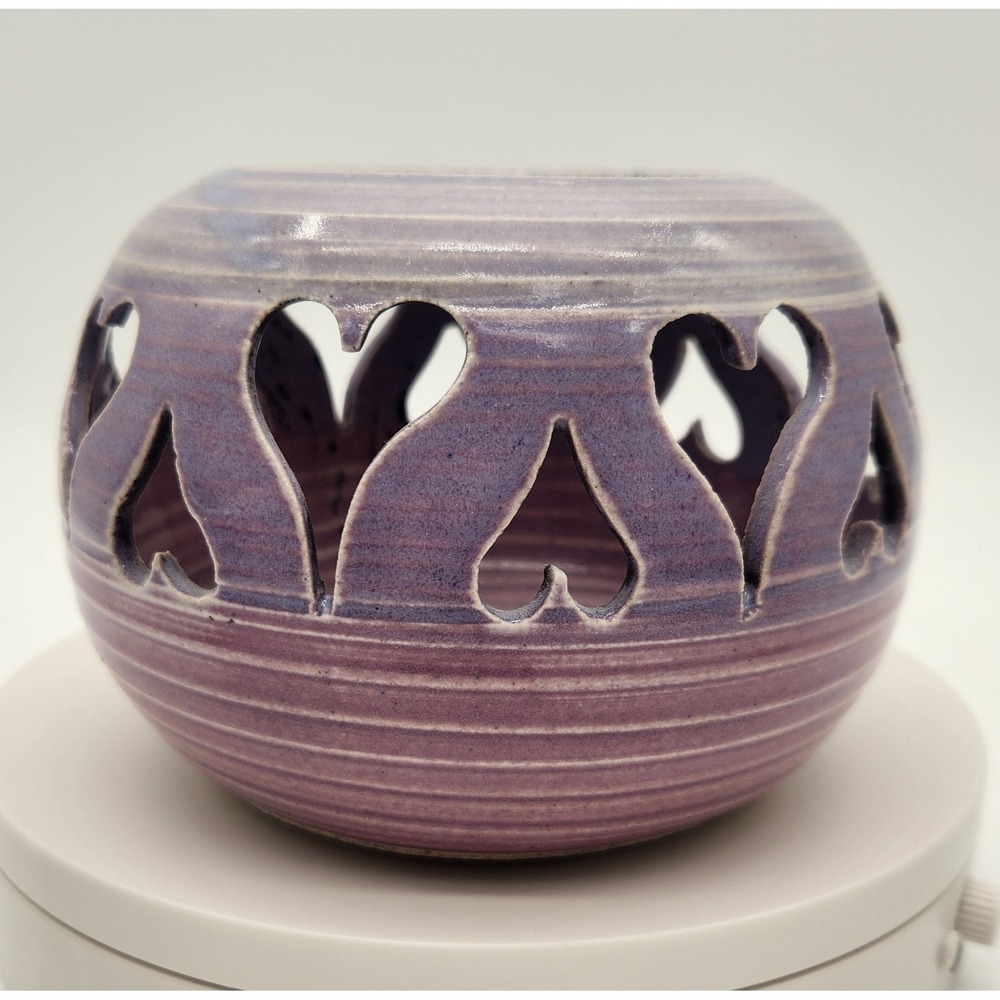 Handmade Signed Ceramic Heart Cutout Lantern Tealight Candle Holder Lilac Rose